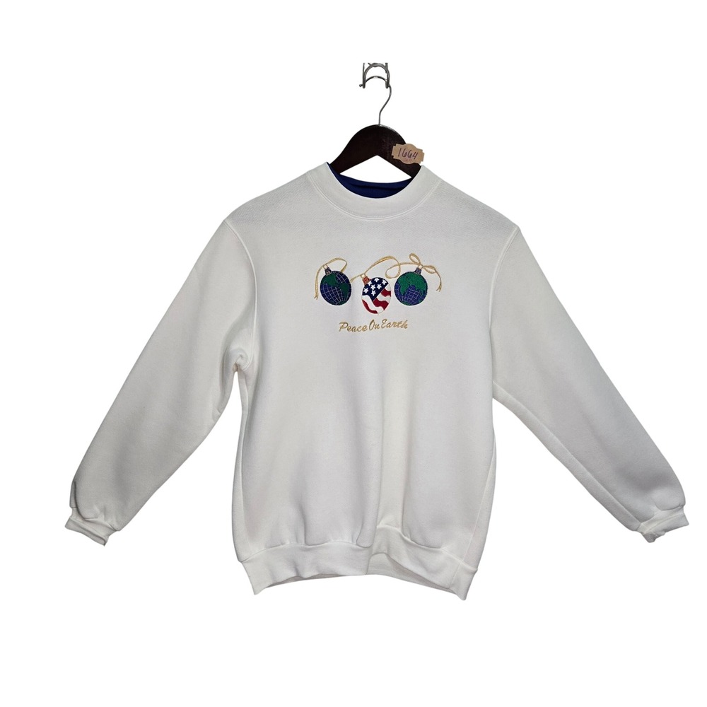Vintage 90s BonWorth Peace On Earth Sweatshirt White XS Holiday Globe Embroider